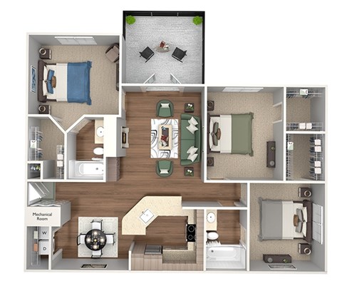 Floor plan for 3 beds, 2 baths, 1280 sqft